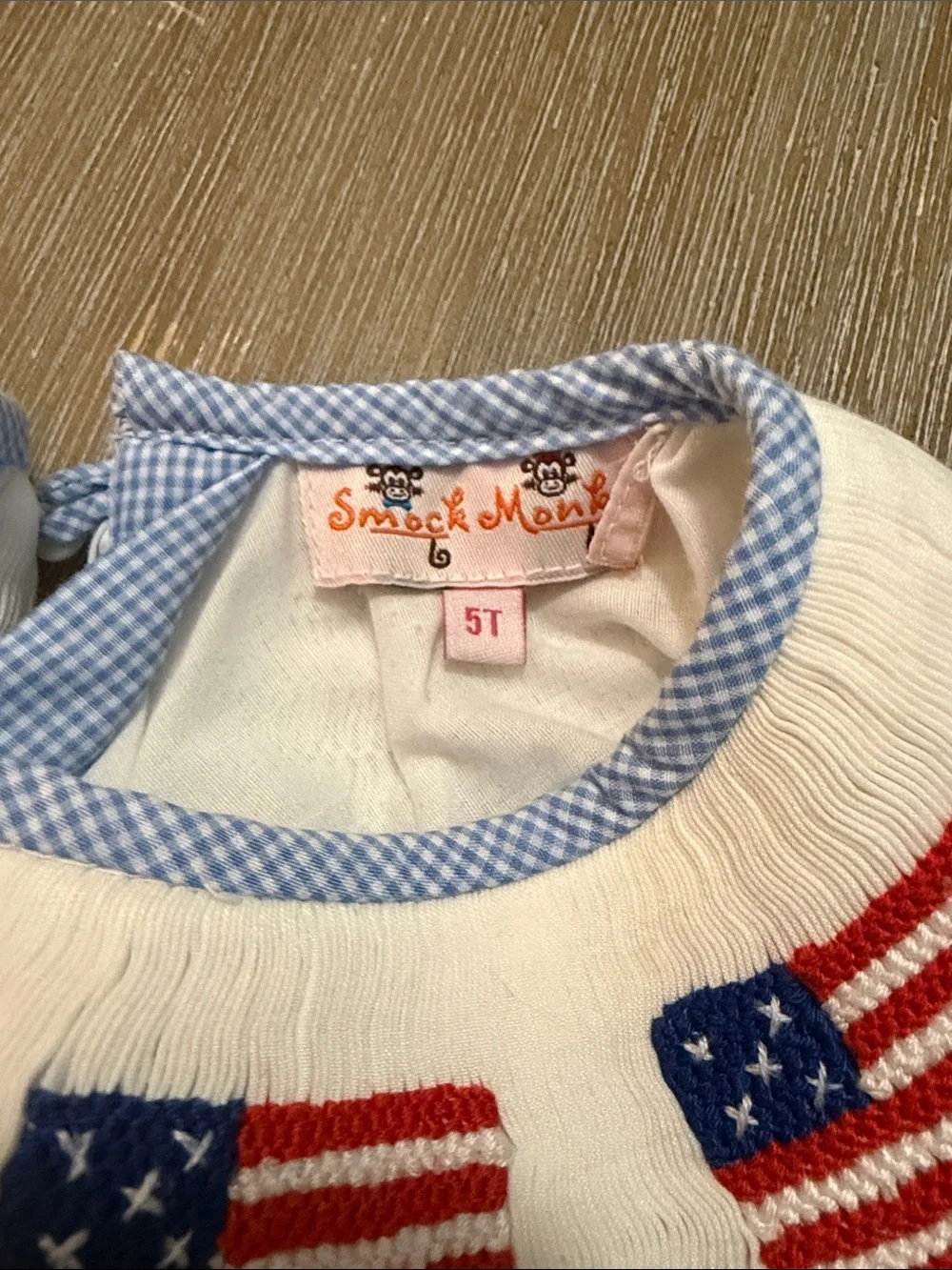 Girls' Light Blue Smocked Flag Dress with Red Trim